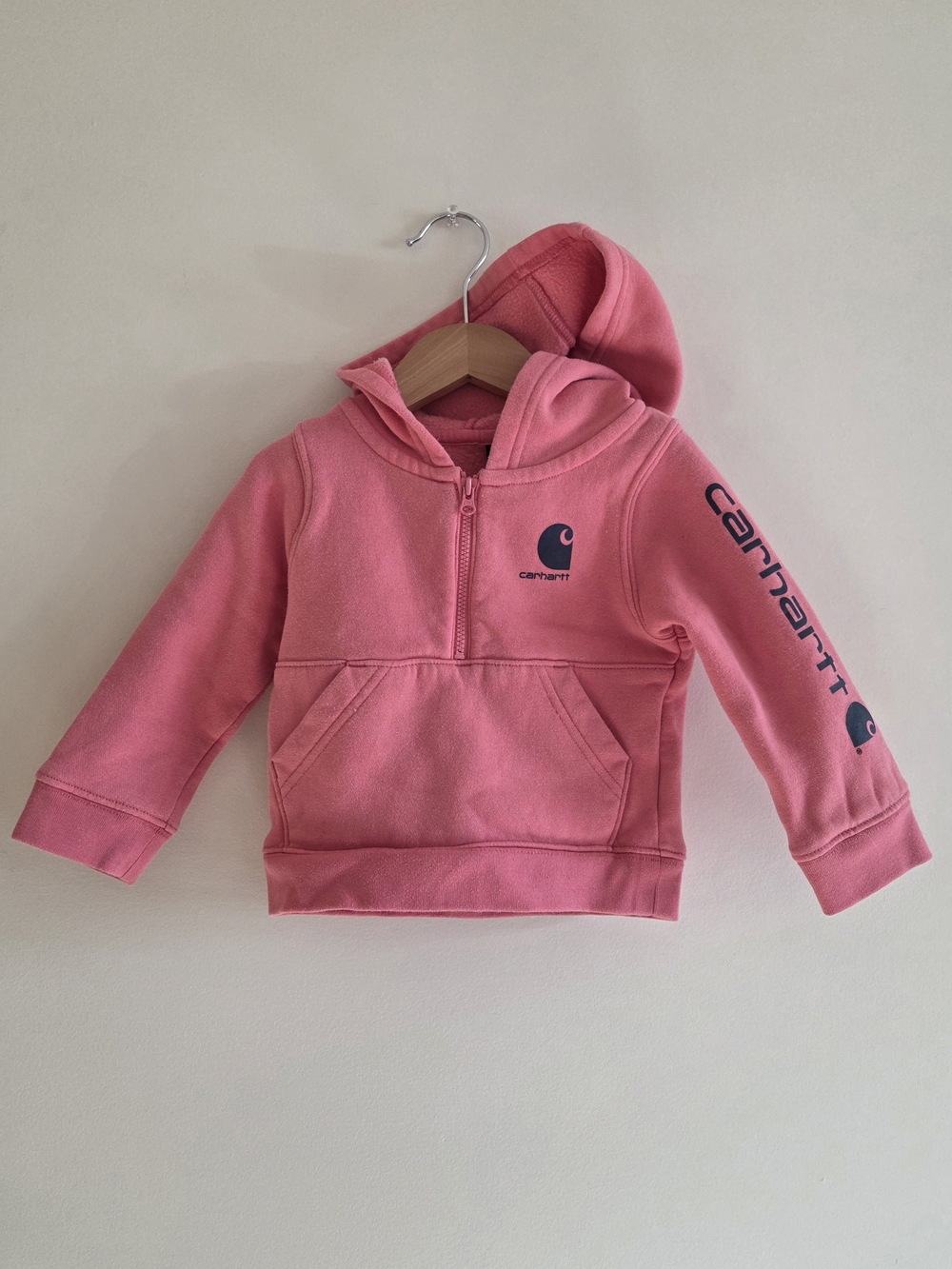 Carhartt Kids' Pink Half-Zip Hoodie with Logo Sleeve